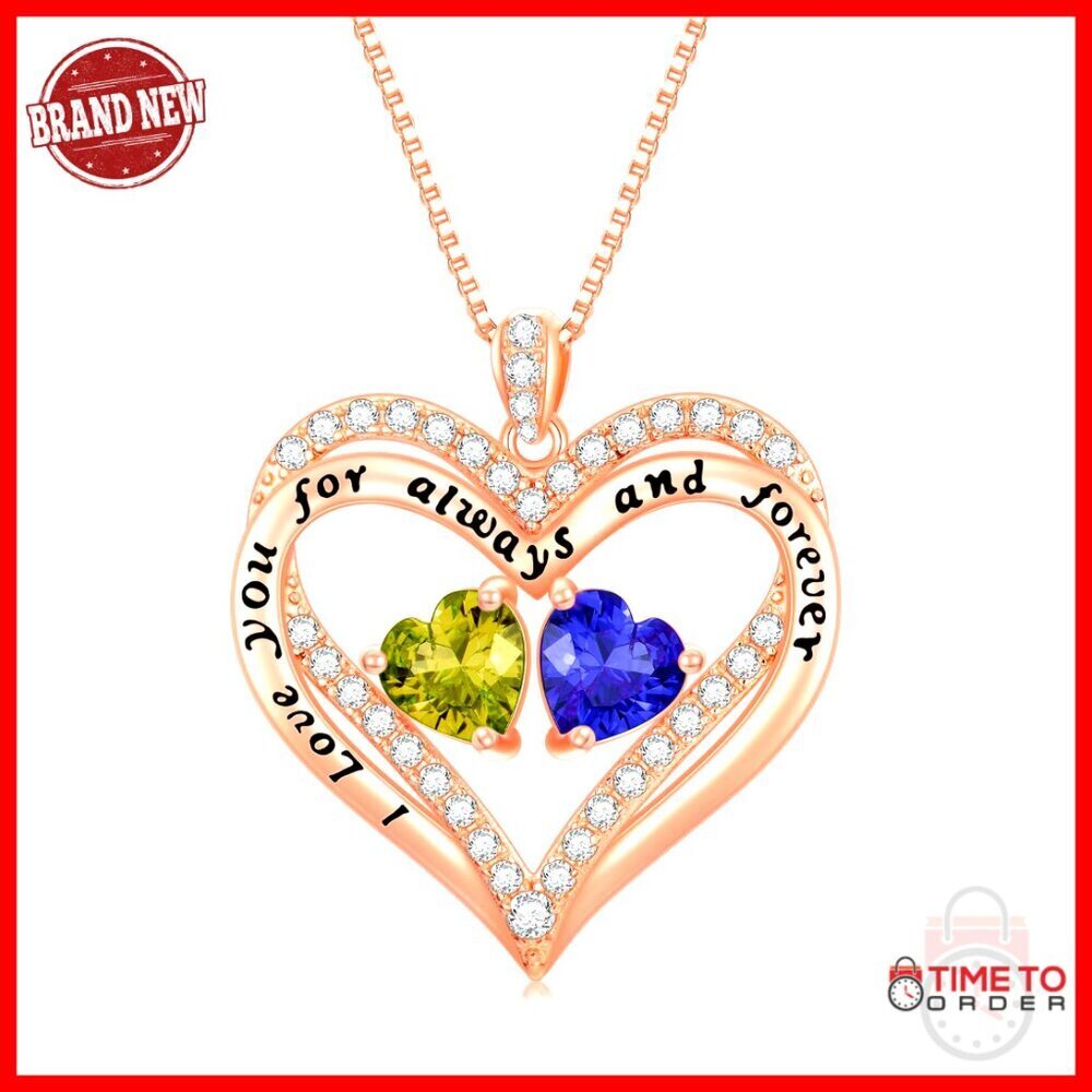 18k Rose Gold Plated Double Heart Birthstone Pendant Necklace